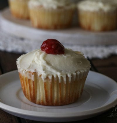 Low Carb Vanilla Cupcakes with Cream Cheese Frosting and Strawberry Jam Filling